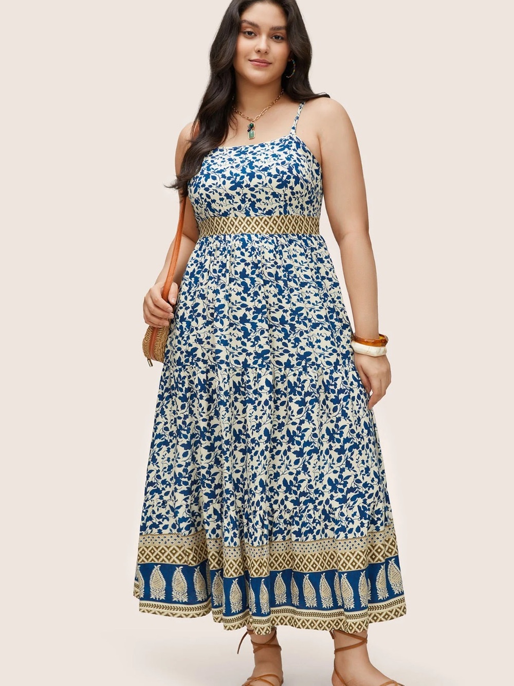 Blue and Cream Floral Maxi Dress with Contrast Waistband (with pockets) - Picture 2 of 4